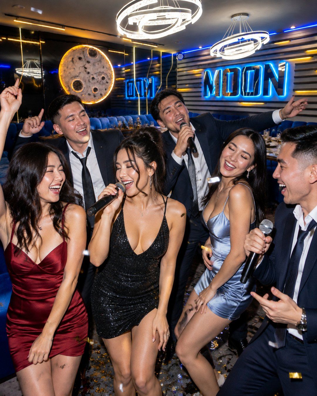 After party в кабинке RMM: гости в вечерних платьях и костюмах танцуют и поют после полуночи, летит конфетти