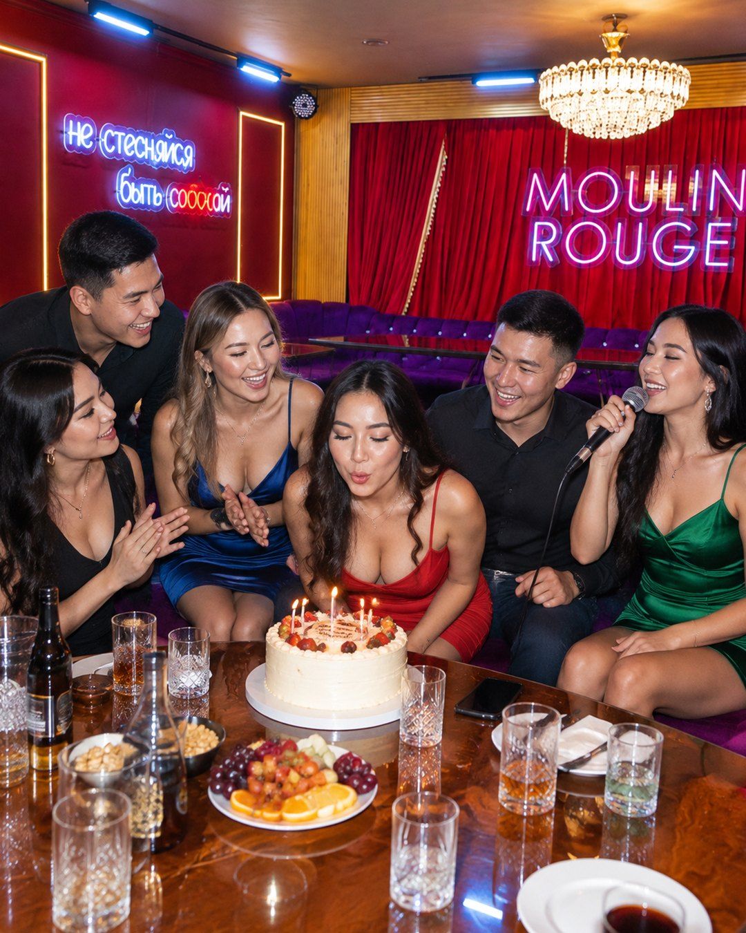 Birthday in an RMM room: the birthday girl blows out the candles while her friends clap and one sings into a microphone