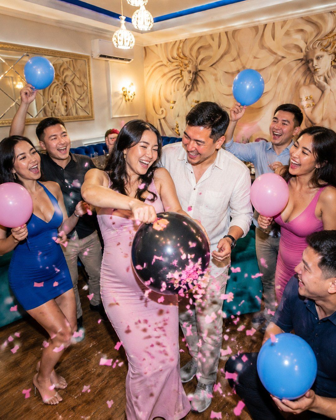 Gender reveal in an RMM room: the couple pops a big balloon, pink confetti bursts out and friends cheer