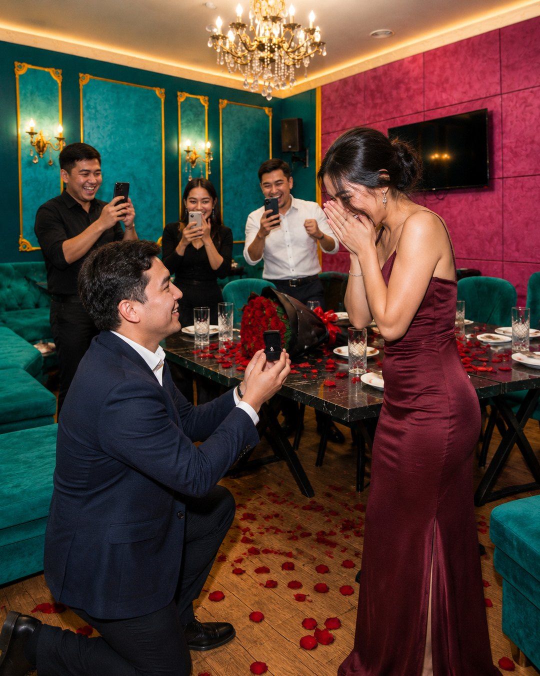 Proposal in an RMM room: he kneels with a ring, she covers her face in happy surprise, friends film the moment