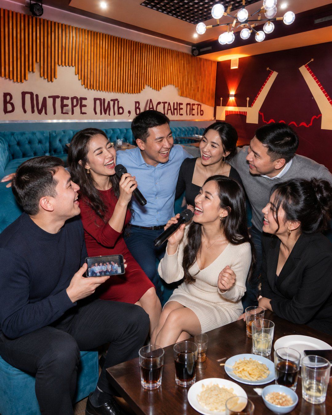 Class reunion in an RMM room: old classmates hug and sing an old hit into two microphones