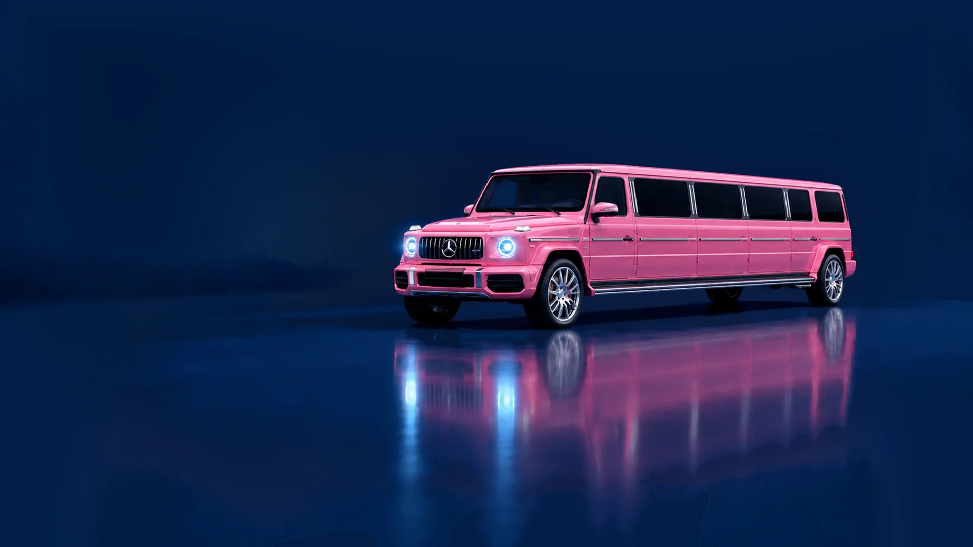 A pink limousine drives onto the stage
